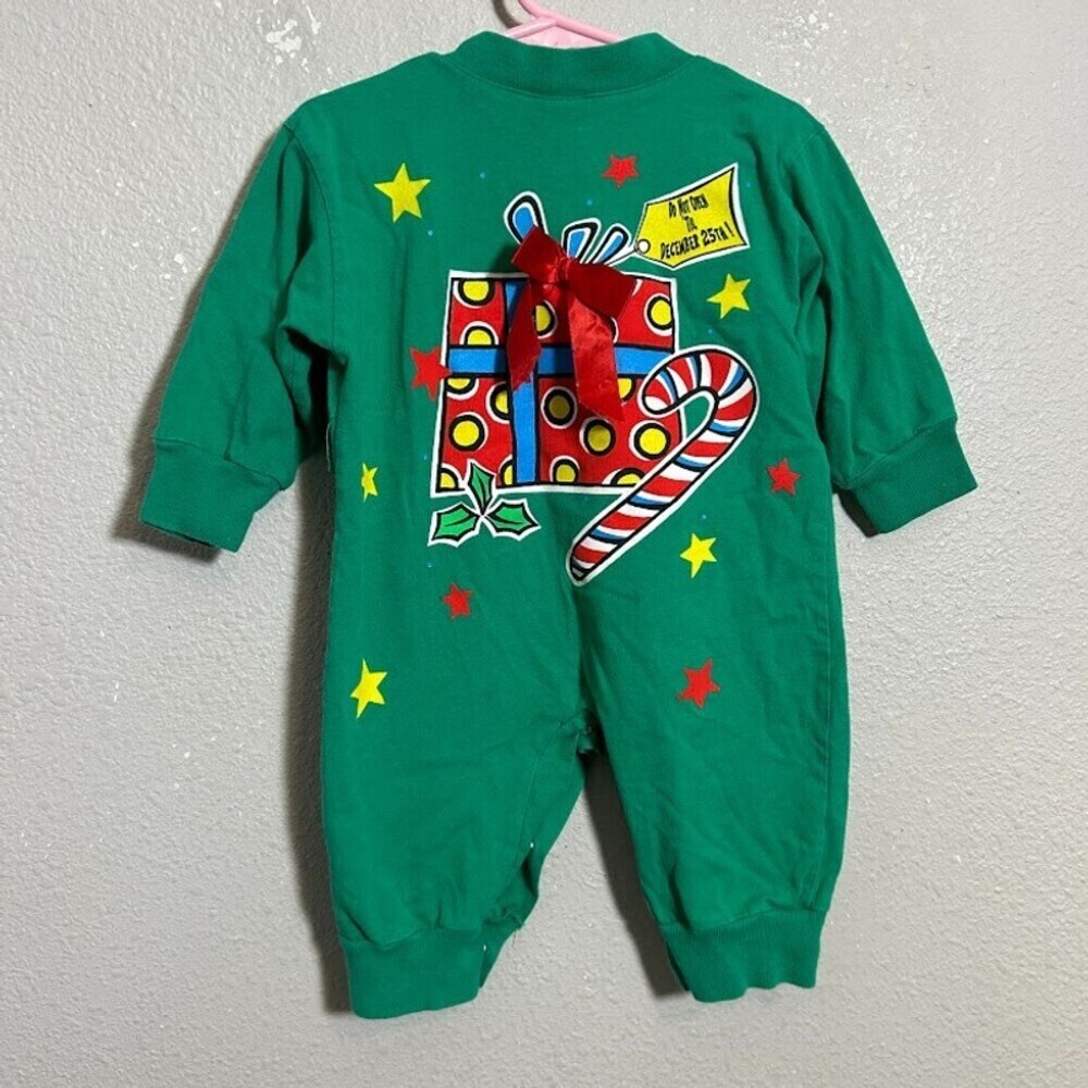 VTG 90s Baby Christmas One Piece 12-18M "Ugly Sweater" Green Santa Hand Painted - Picture 3 of 8